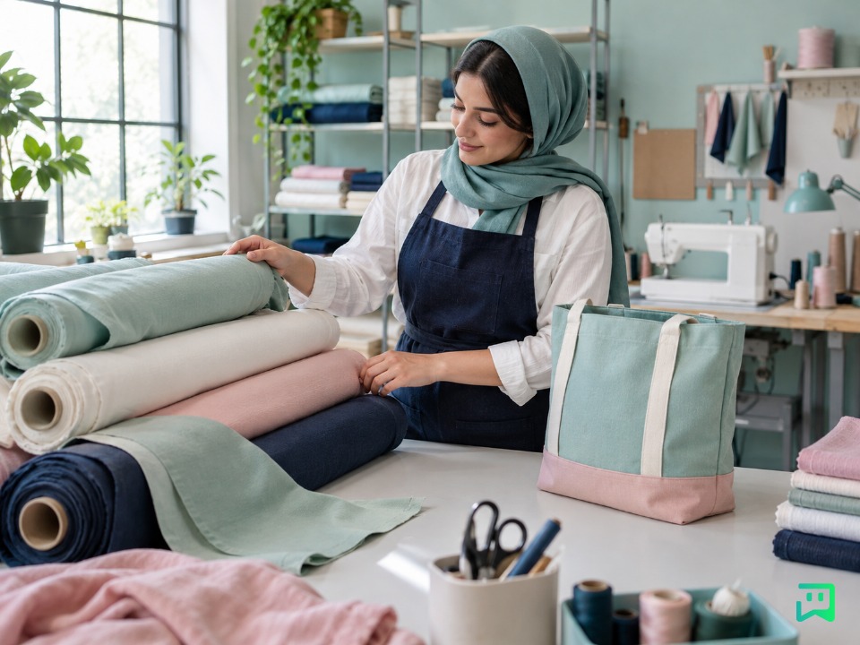 خیاط در کارگاه کوچک کنار رول‌های پارچه و یک نمونه کیف پارچه‌ای
